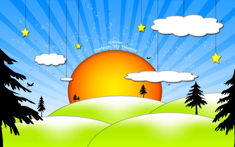 Cartoon landscape with sun and stars