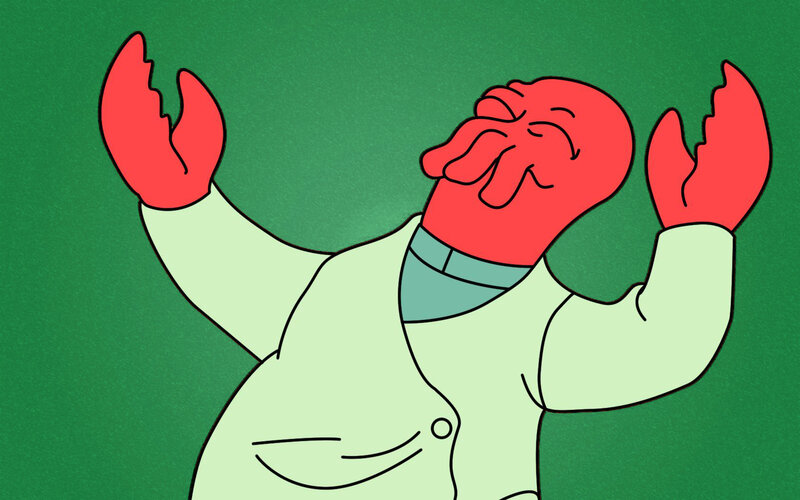Cartoon lobster character laughing