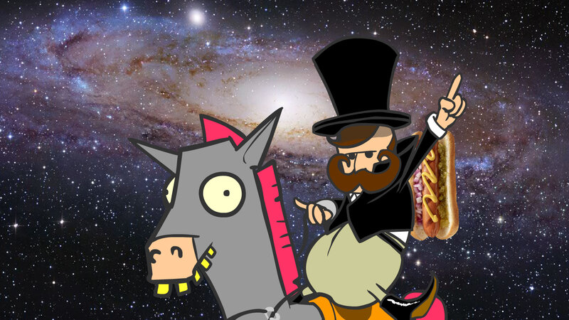 cartoon man on horse in space