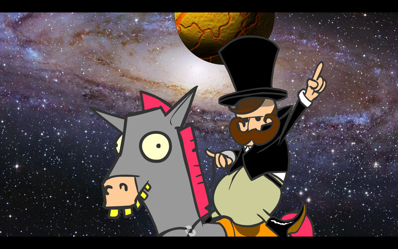 cartoon man on horse in space