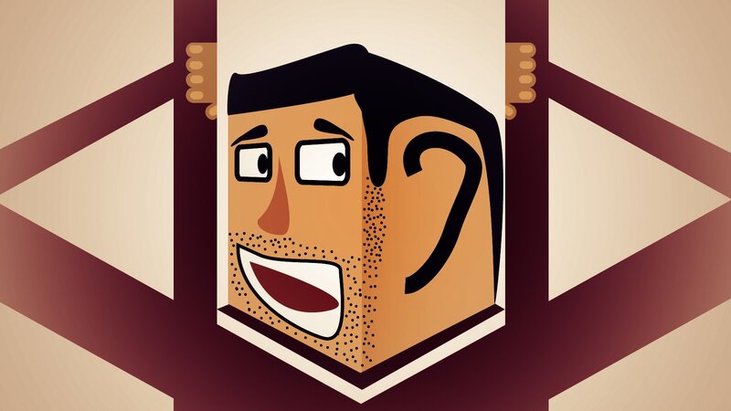 cartoon man peeking from box