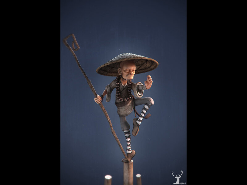 Cartoon Monk on Pole