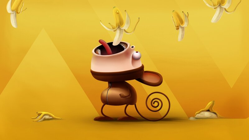 Cartoon Monkey Eating Banana — Yellow, Playful, 3d Render