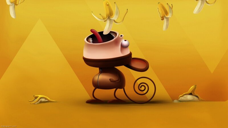 Cartoon Monkey Eating Banana — Yellow