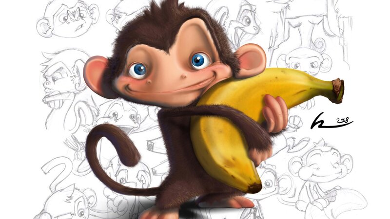 Cartoon Monkey Holding Banana — Brown, Playful