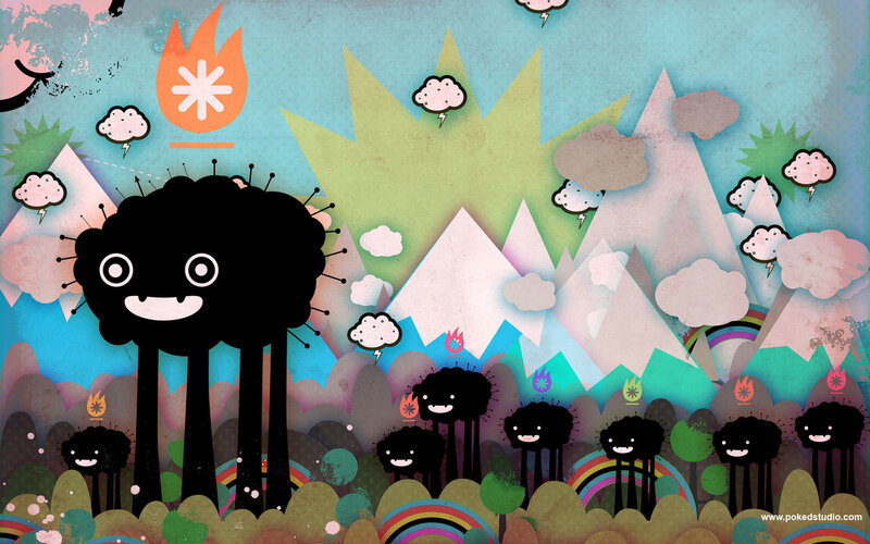Cartoon monsters in a colorful landscape