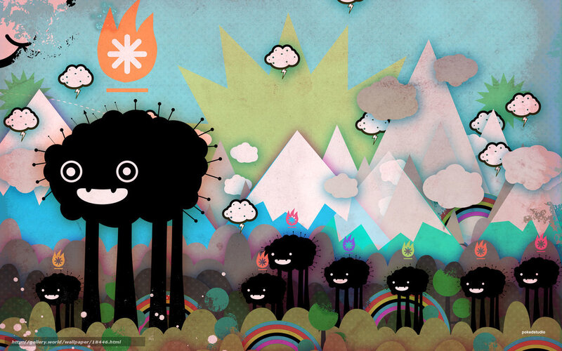 Cartoon monsters in a colorful landscape