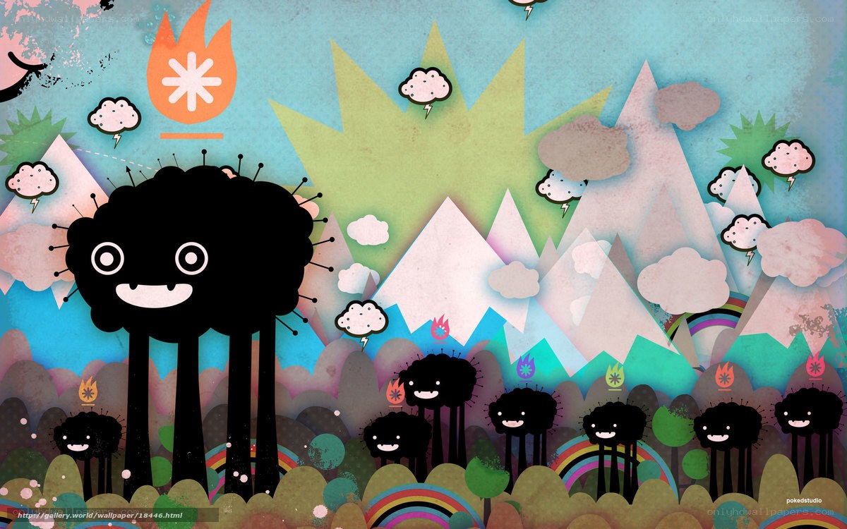 Cartoon monsters in a colorful landscape