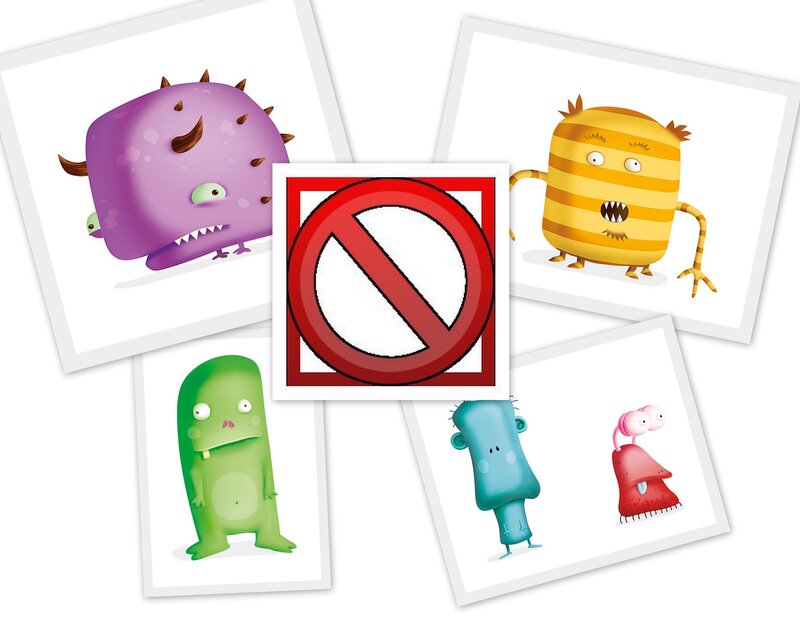 cartoon monsters with prohibition sign