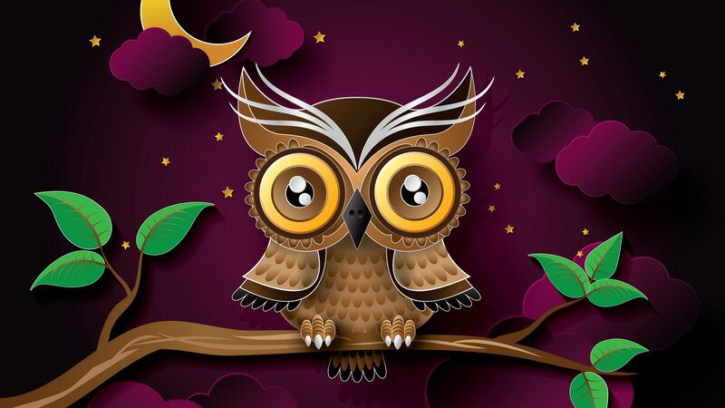 Cartoon Owl on Branch — Purple