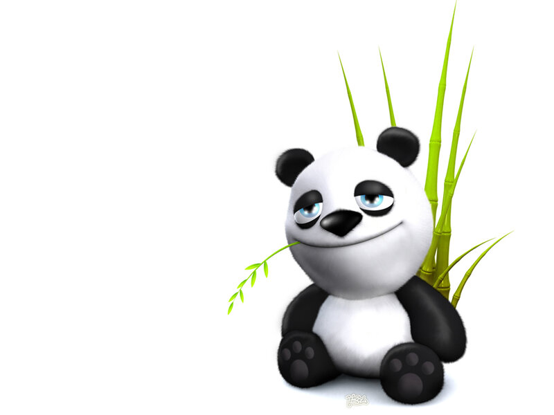 Cartoon Panda Eating Bamboo — White, Calm, 3d Render, Black