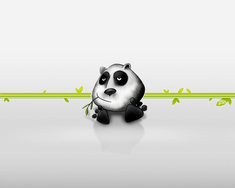 Cartoon Panda Eating Bamboo — White, Calm, Digital Art, Bamboo Leaves