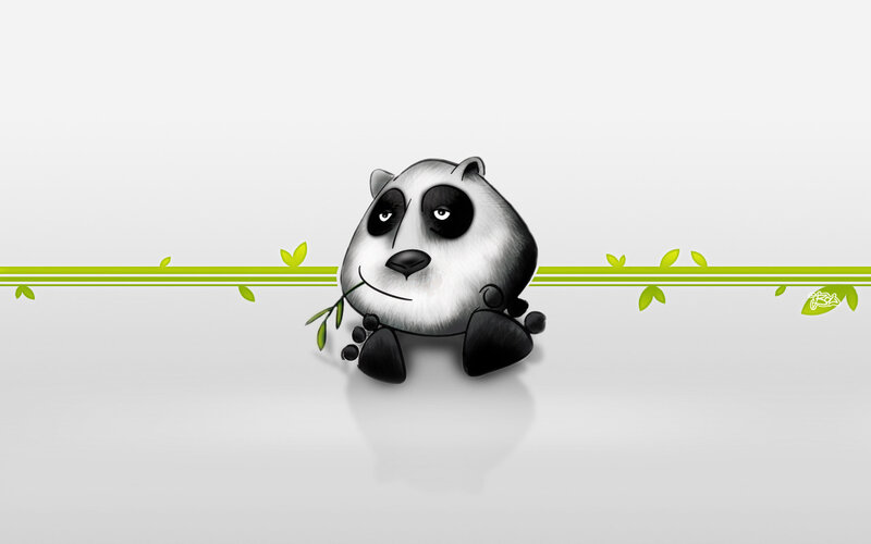 Cartoon Panda Eating Bamboo — White, Calm, Digital Art, Leaves, Lines