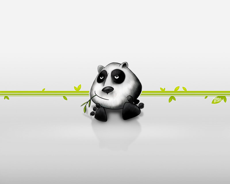 Cartoon Panda Eating Bamboo — White, Calm, Digital Art, Leaves