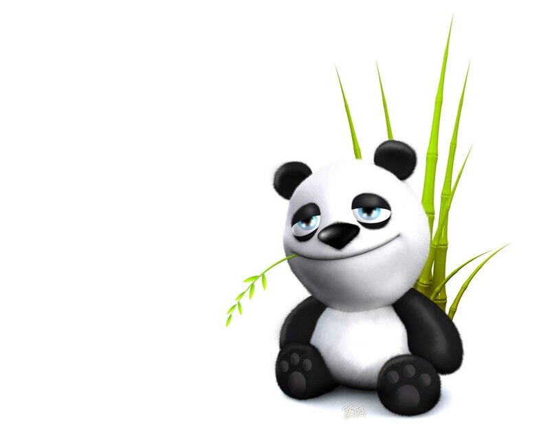 Cartoon Panda Eating Bamboo — White, Playful, 3d Render