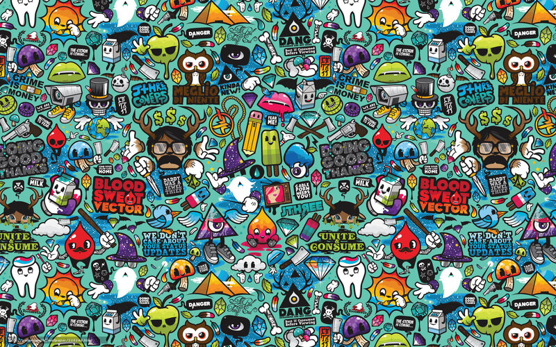 Cartoon Pattern with Icons — Teal, Chaotic
