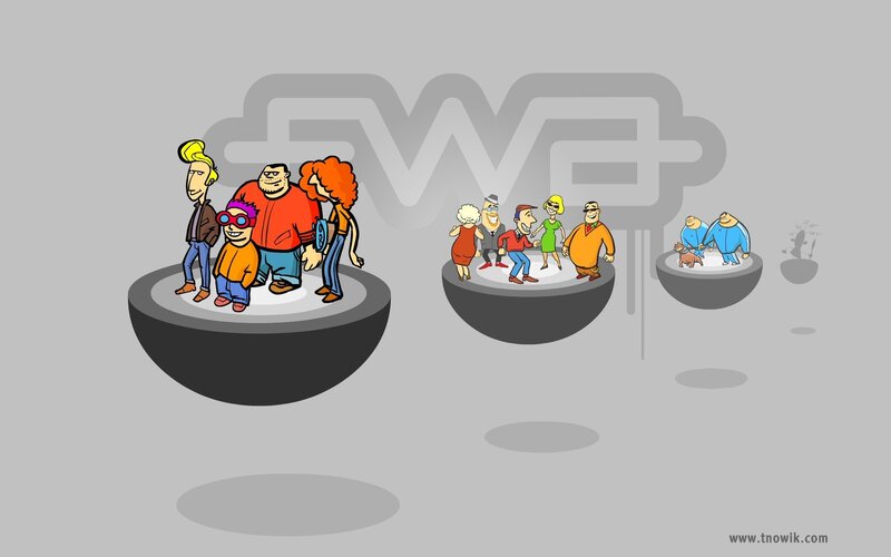 cartoon people on floating platforms