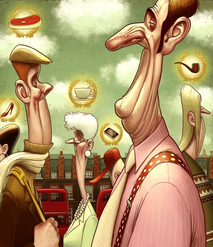 Cartoon people with floating icons