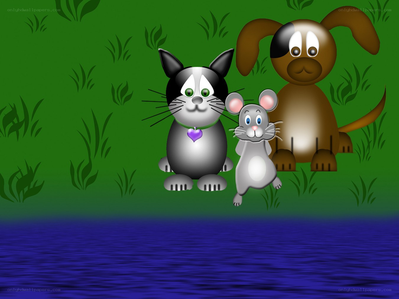 cartoon pets by the water