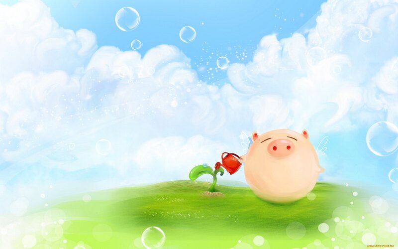 Cartoon Pig Watering Plant — Blue