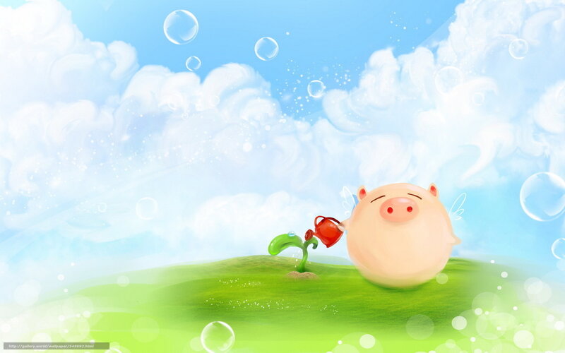 Cartoon Pig Watering Plant — Green