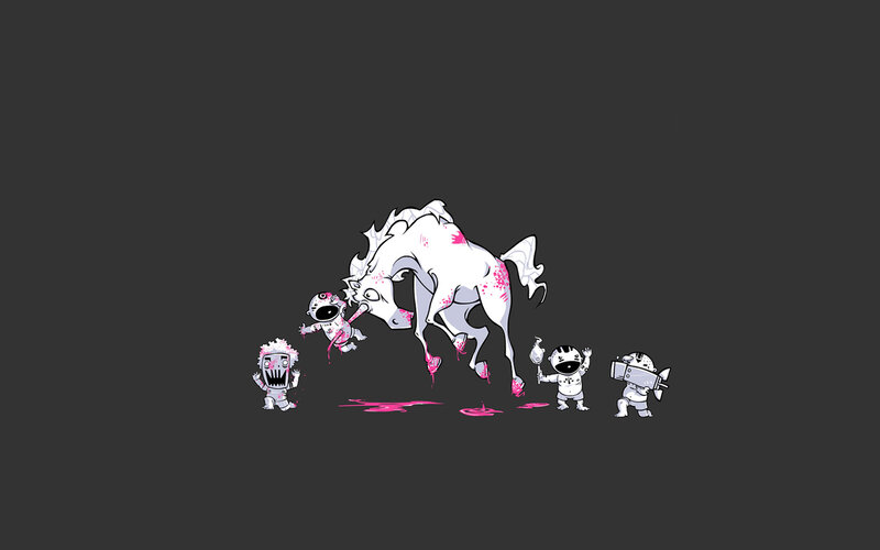 Cartoon pony attacking robots