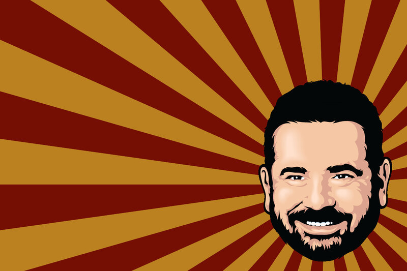 cartoon portrait with sunburst background