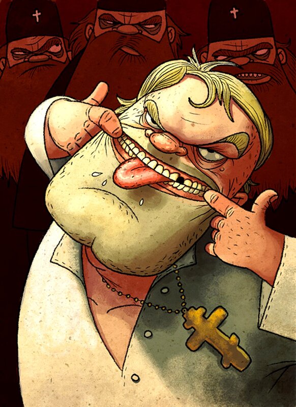 Cartoon priest with exaggerated expression