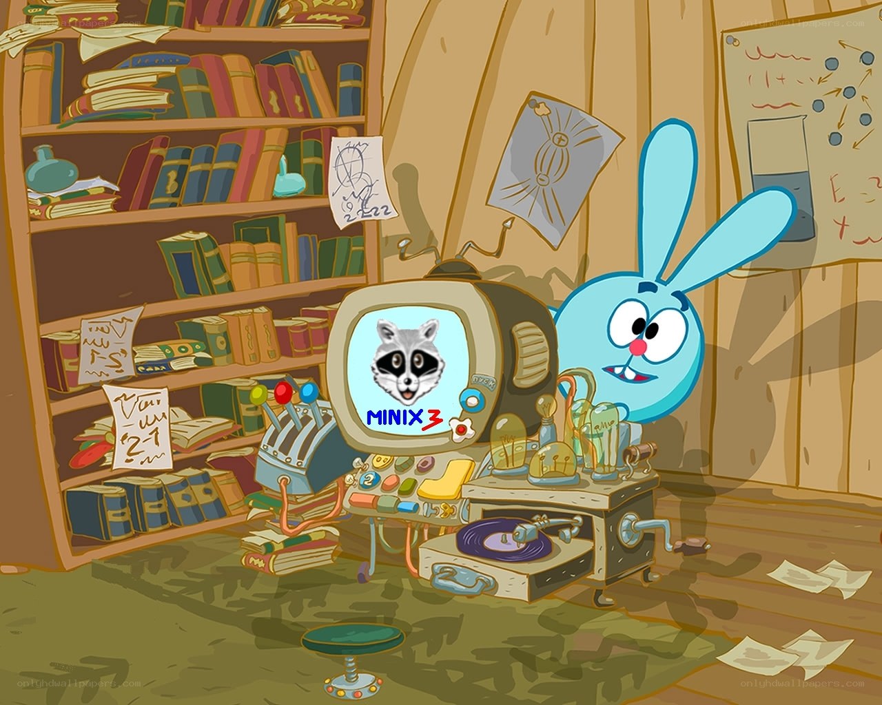 Cartoon rabbit with old TV
