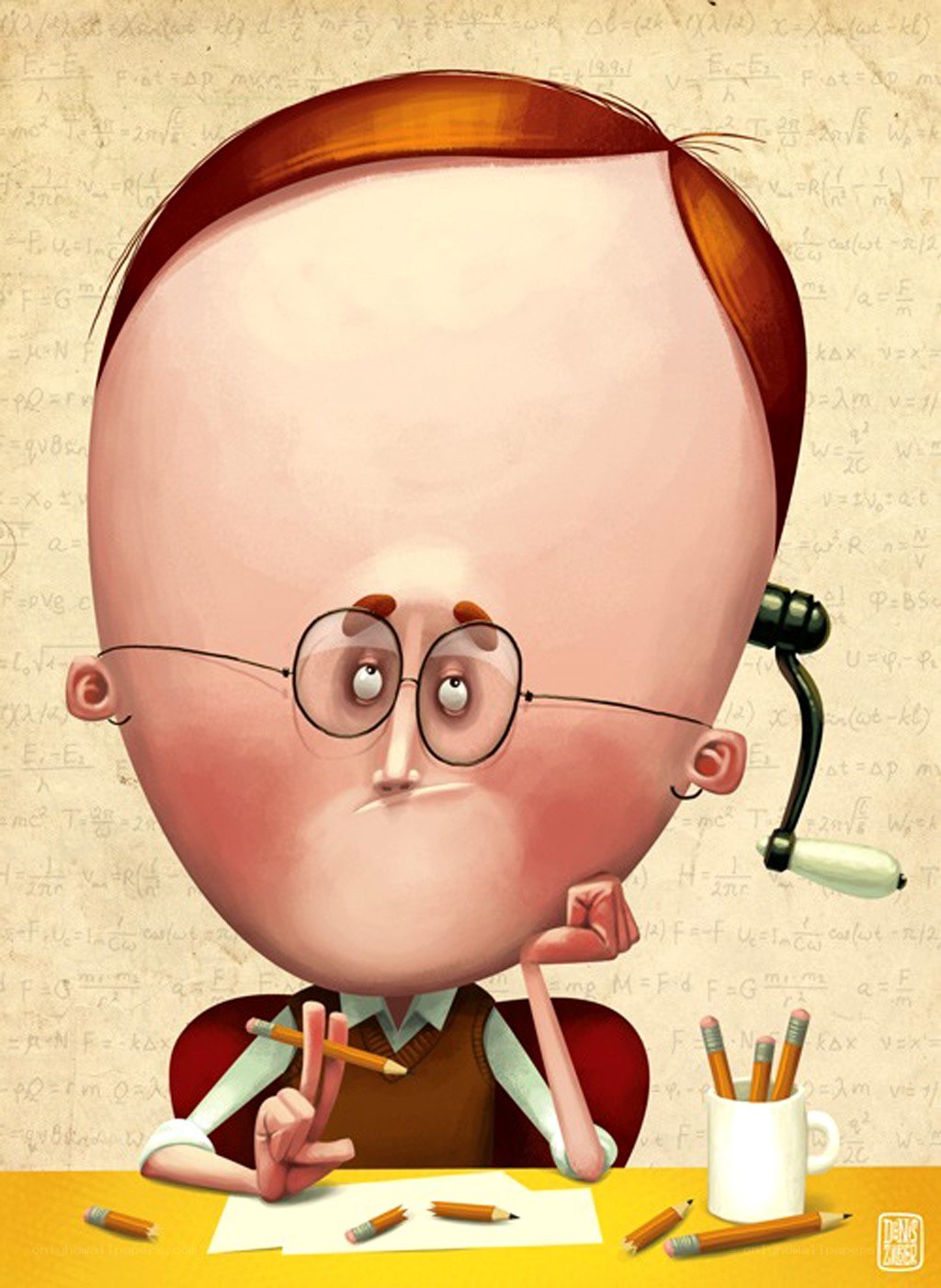 cartoon scientist at desk
