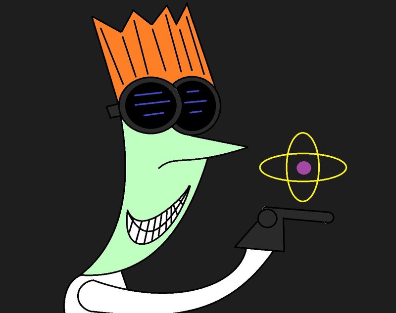 cartoon scientist with atom