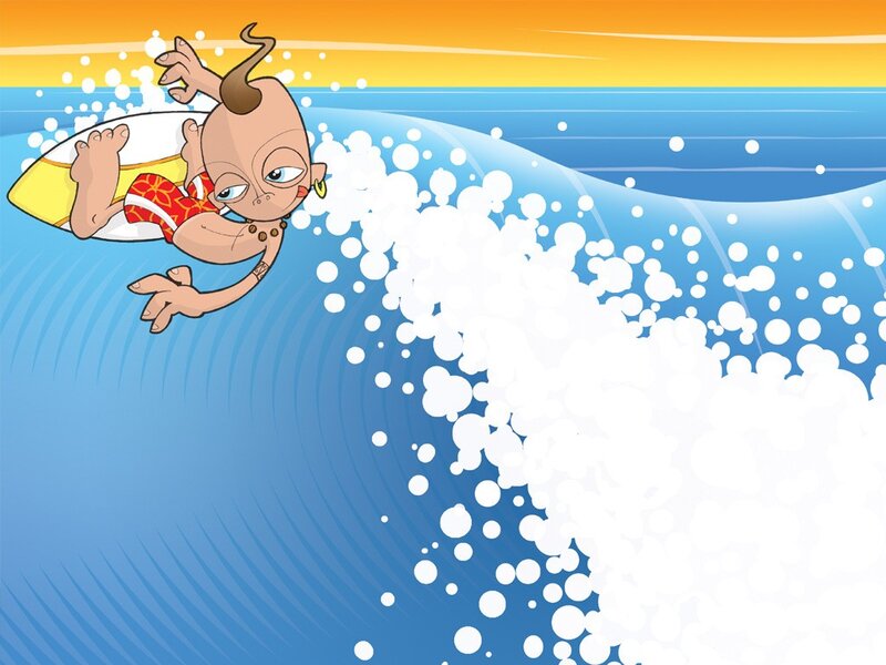 cartoon surfer riding wave