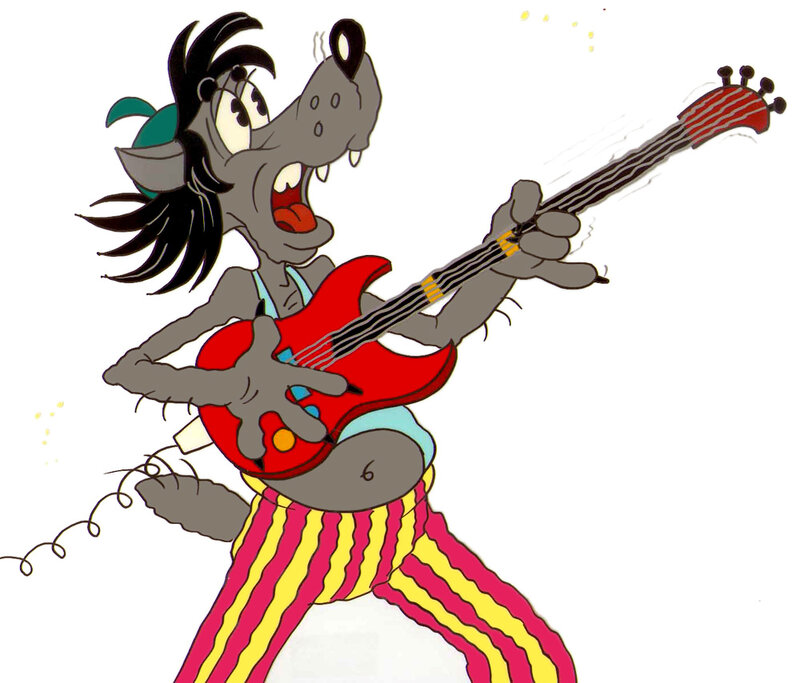 cartoon wolf playing guitar
