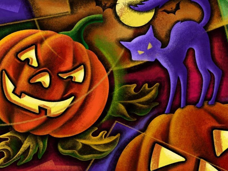Carved Pumpkin and Purple Cat