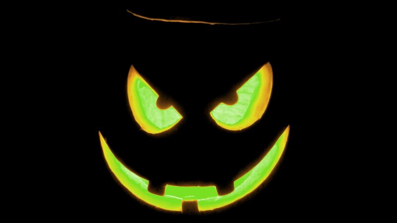 Carved Pumpkin Face — Black, Spooky, Night, Photograph, Eyes, Mouth, Light