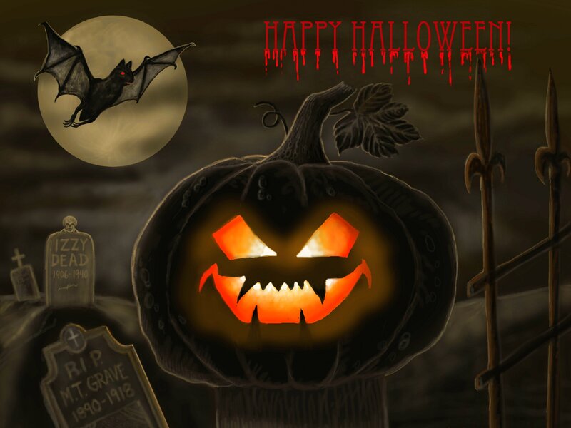 Carved Pumpkin in Graveyard
