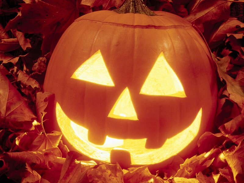 Carved Pumpkin in Leaves — Orange
