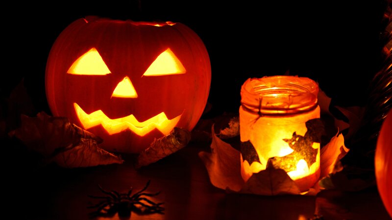 Carved Pumpkin Lantern — Orange, Dark, Night, Photograph