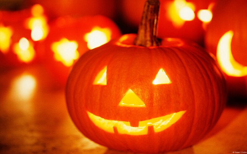 Carved Pumpkin Lantern — Orange, Festive, Night, Photograph, Light