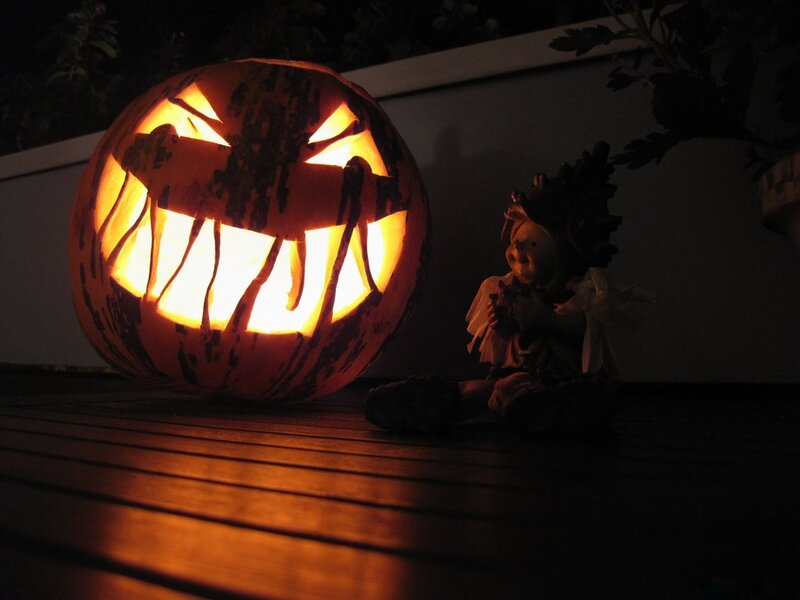 Carved Pumpkin Lantern — Orange, Spooky, Night, Photograph