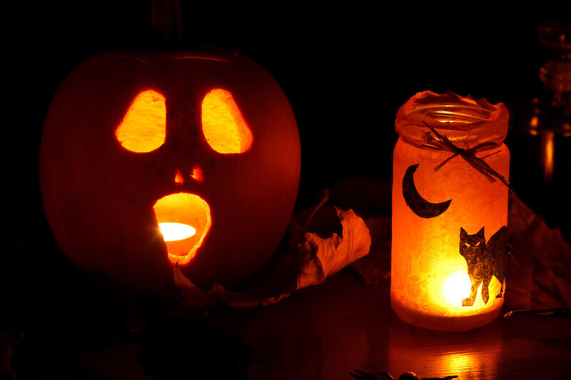 Carved Pumpkin Lantern — Orange, Spooky, Night