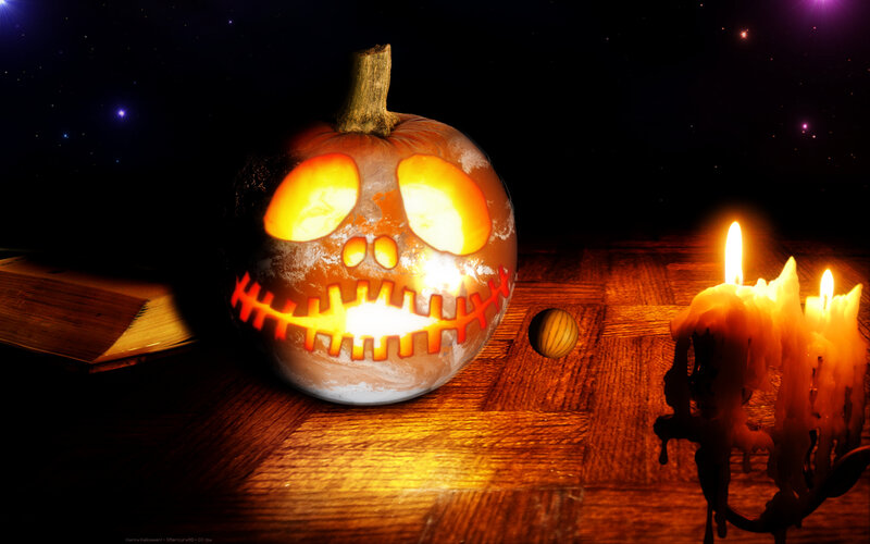 Carved Pumpkin on Table — Orange, Spooky