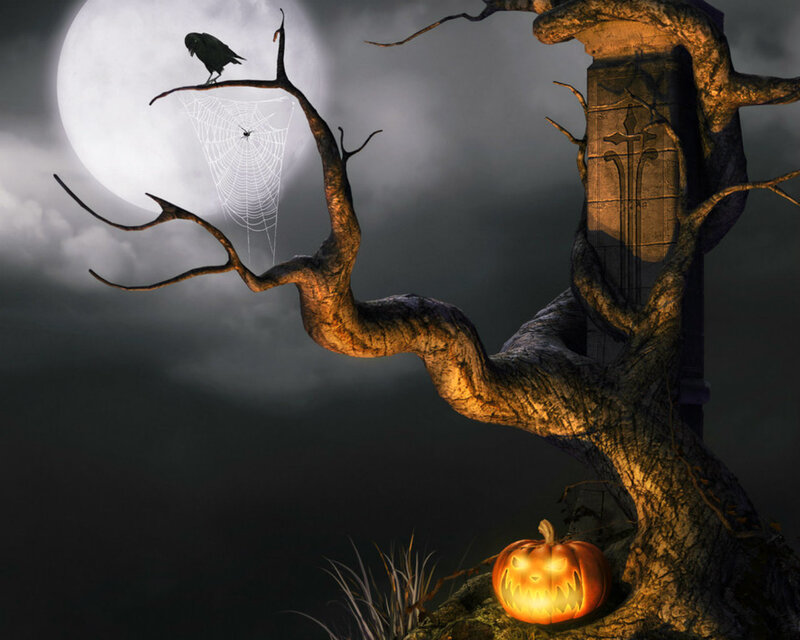 Carved Pumpkin under Tree