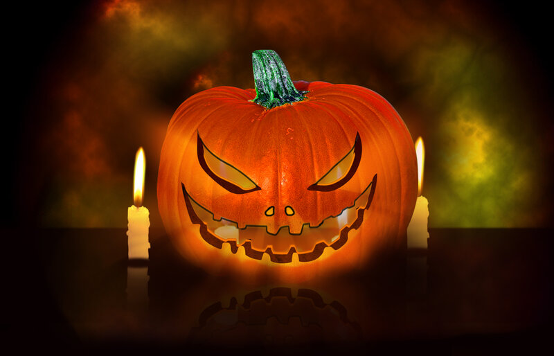 Carved Pumpkin with Candles — Orange, Spooky, Night, Photograph, Reflection