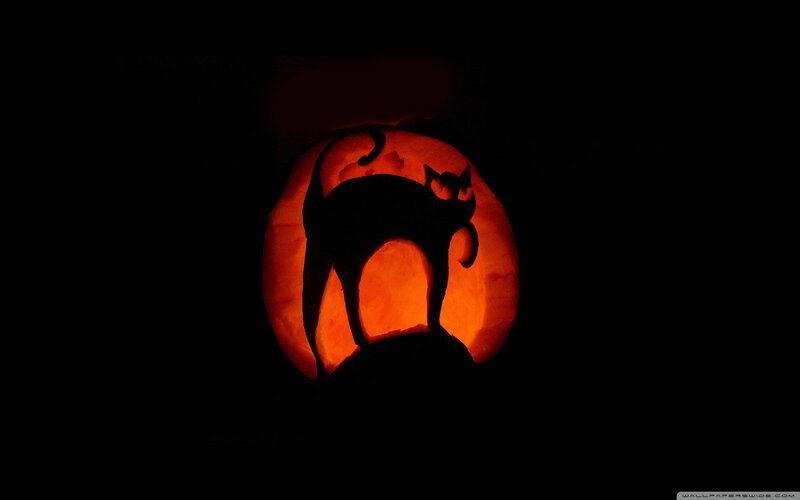 Carved Pumpkin with Cat — Orange, Dark