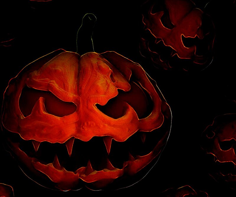 Carved Pumpkin with Glowing Face — Black, Spooky