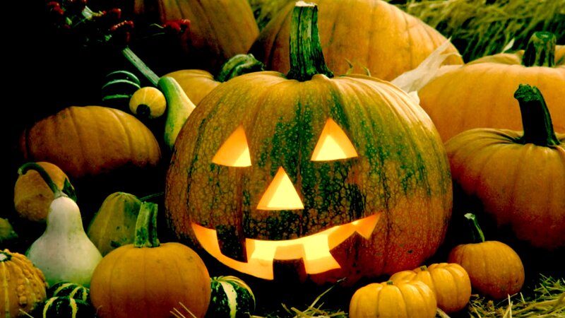 Carved Pumpkin with Gourds