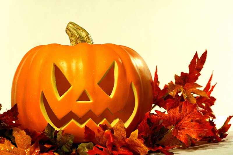 Carved Pumpkin with Leaves — Orange, Festive