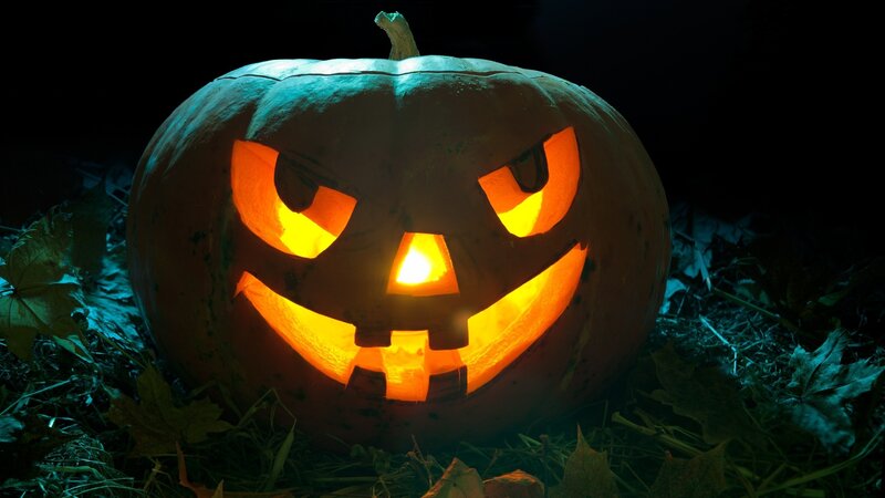 Carved Pumpkin with Light — Orange, Spooky, Night, Photograph, Leaves