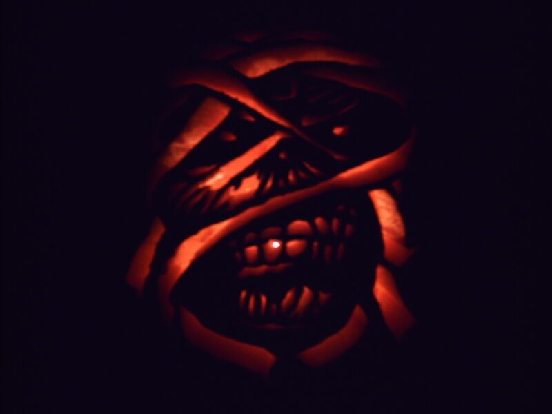 carved pumpkin with mummy design